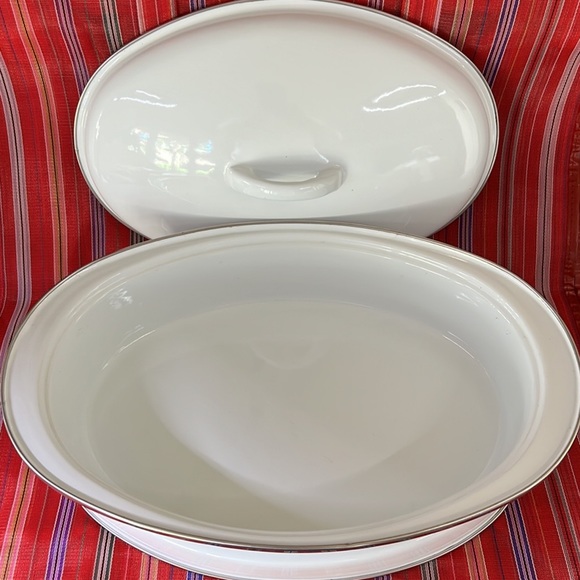 3 Piece Enamel Roasting Pan Table Protecting Base Plate Tureen Farmhouse Roaster - Picture 4 of 10